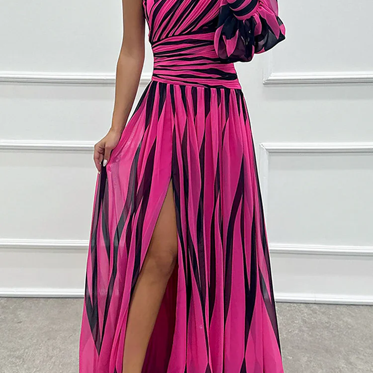 Chloe – Elegant Striped One Shoulder Maxi Dress