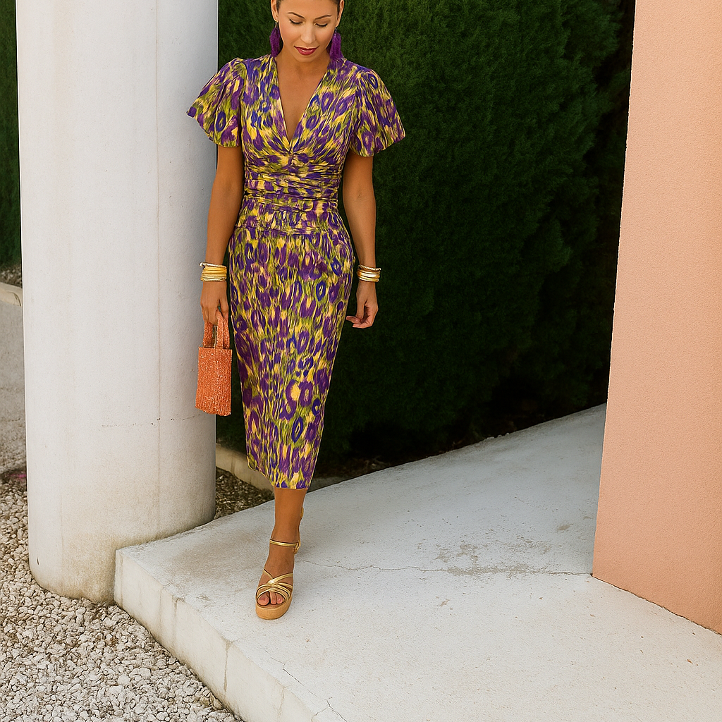 FARYNNA – BLOOMRISE PLEATED SLEEVE MIDI DRESS