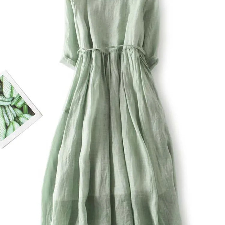 Arya - Womens Art Retro Round Neck Lace Up Waist Dress