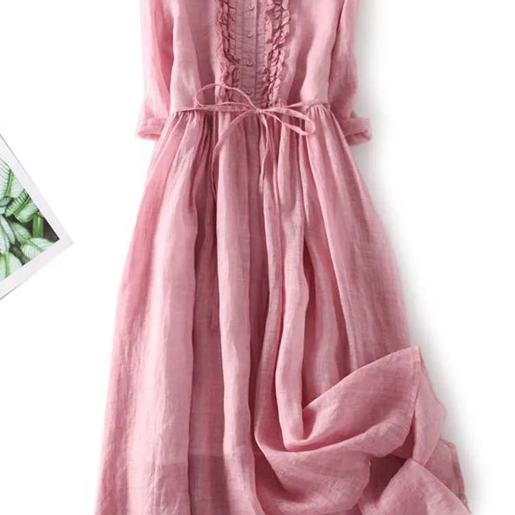 Arya - Womens Art Retro Round Neck Lace Up Waist Dress